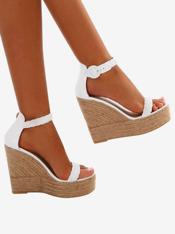 White Open-Toe Platform Buckle Wedge Sandals — view 3