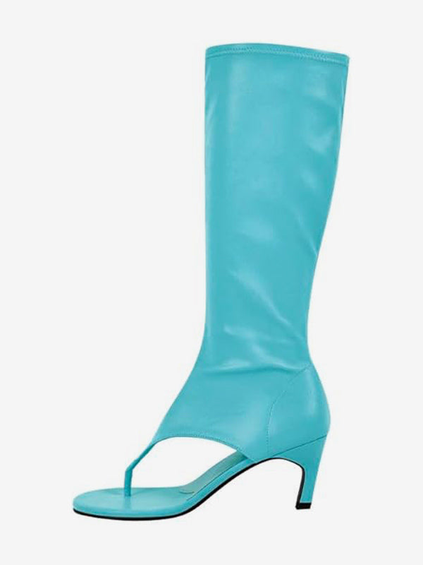 Yellow Open-Toe Kitten Heel Stretch Panel Mid-Calf Boots — view 13