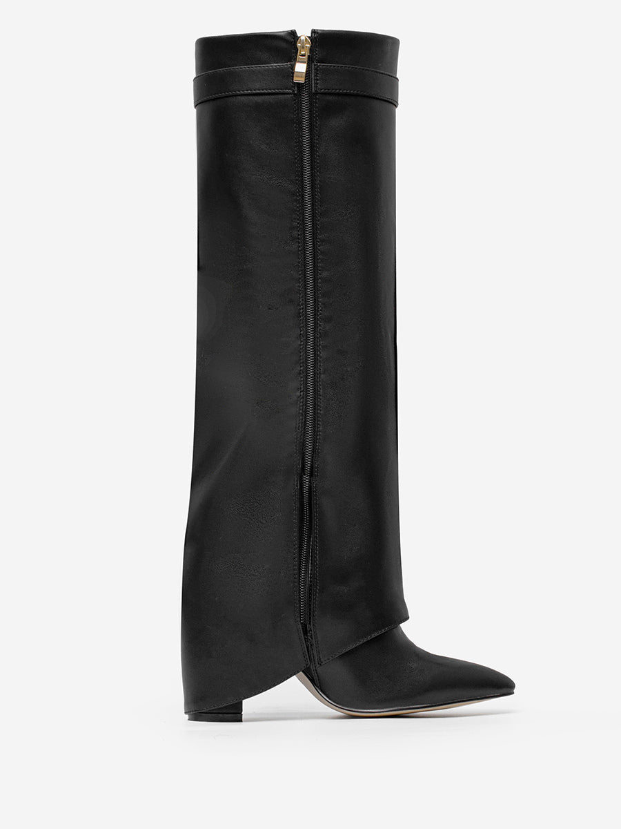 Ivory Pointed-Toe Block Heel Buckle Knee-High Boots — view 5