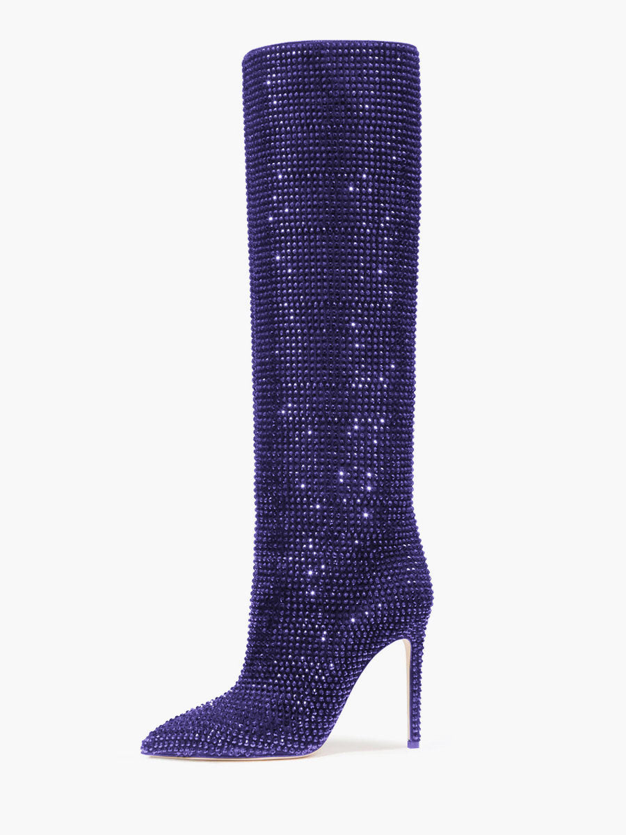 purple pointed toe stiletto embellished knee high boots — view 1