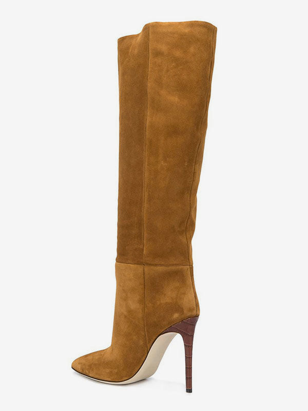 Brown Pointed-Toe Suede-Effect Knee-High Boots — view 5