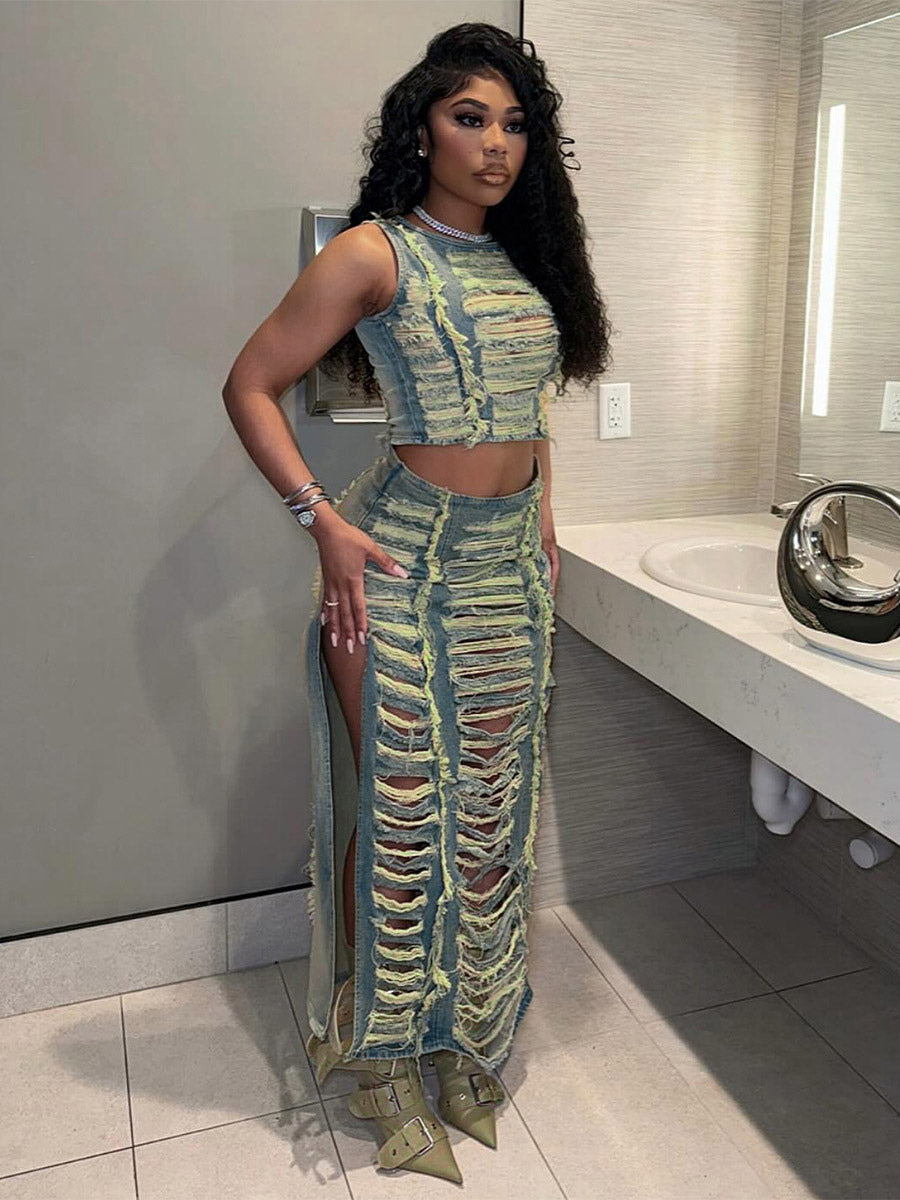 blue side split denim maxi two piece set — view 2