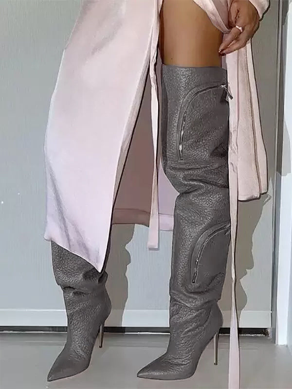 grey pointed toe pockets over the knee boots — view 1