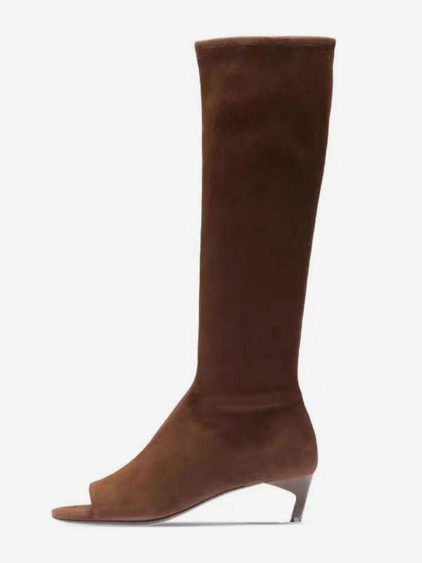 Brown Open-Toe Kitten Heel Knee-High Boots — view 2