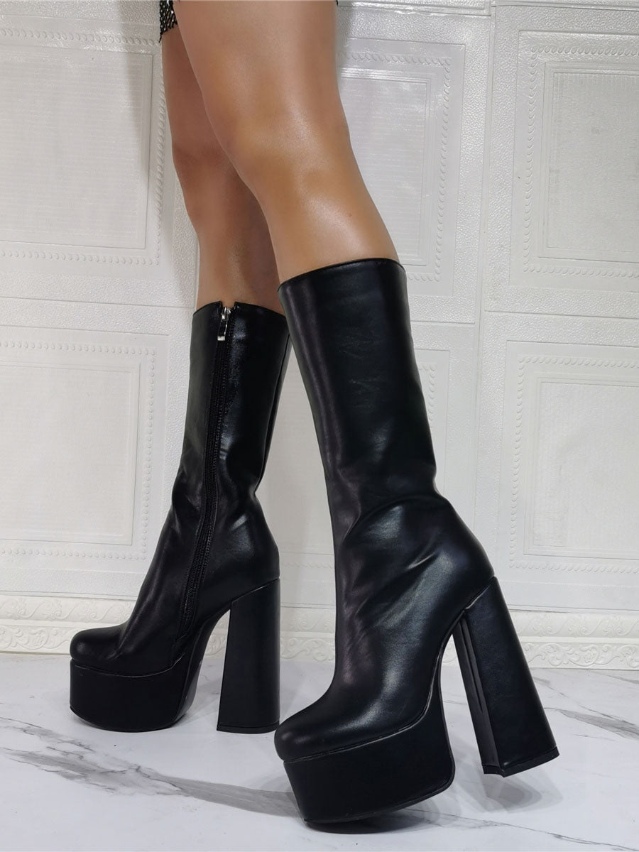 purple platform block heel mid calf boots — view 5
