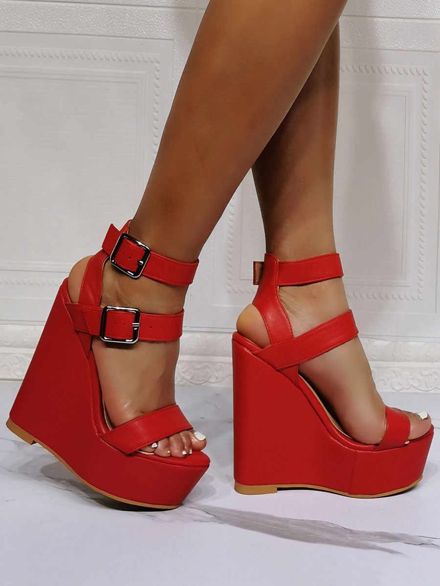 red platform buckle curve wedge sandals — view 7