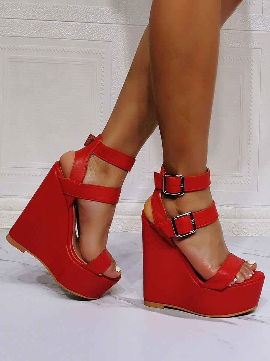Red Platform Buckle Curve Wedge Sandals — view 6