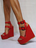Red Platform Buckle Curve Wedge Sandals — view 1