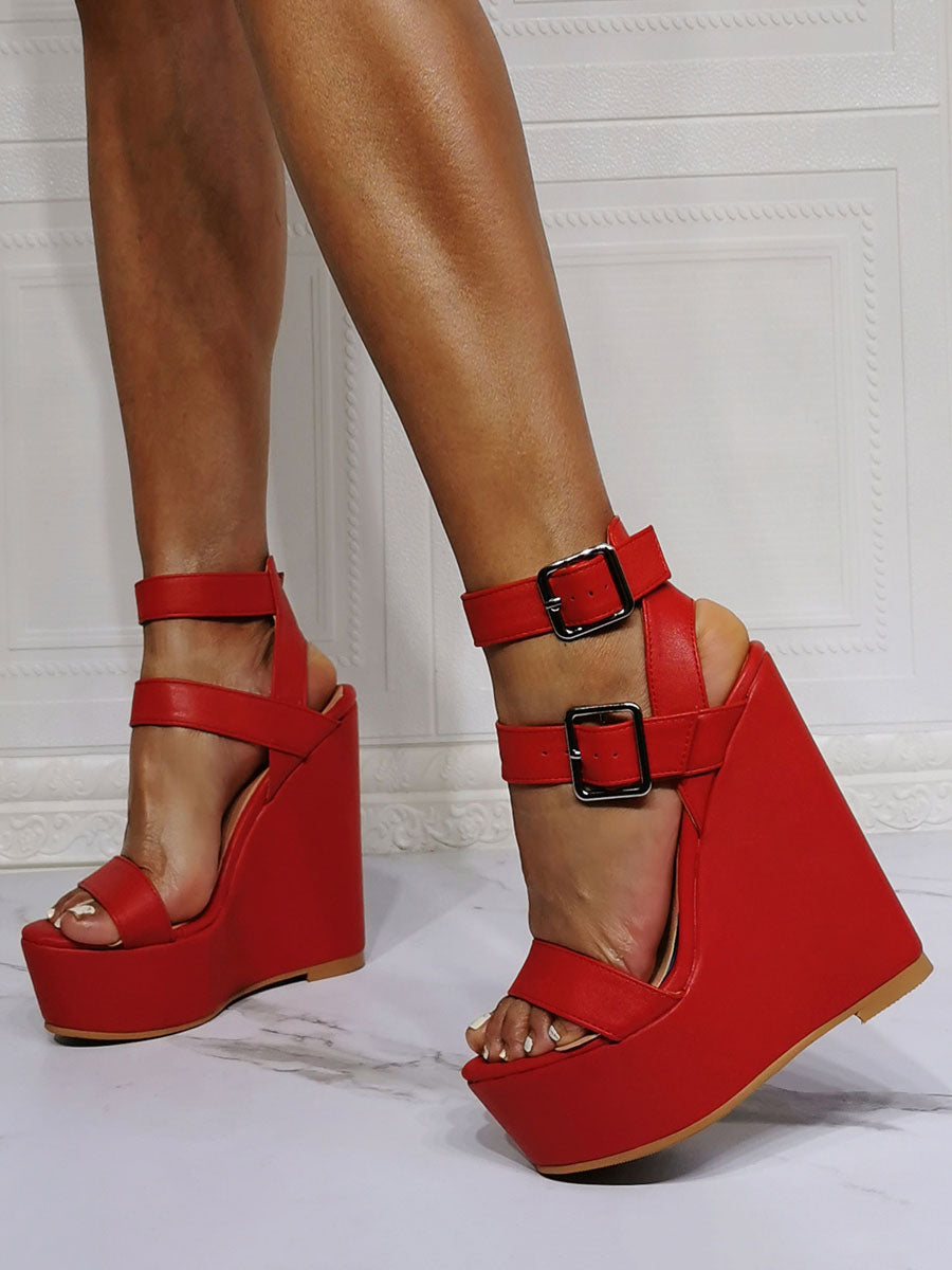 red platform buckle curve wedge sandals — view 1