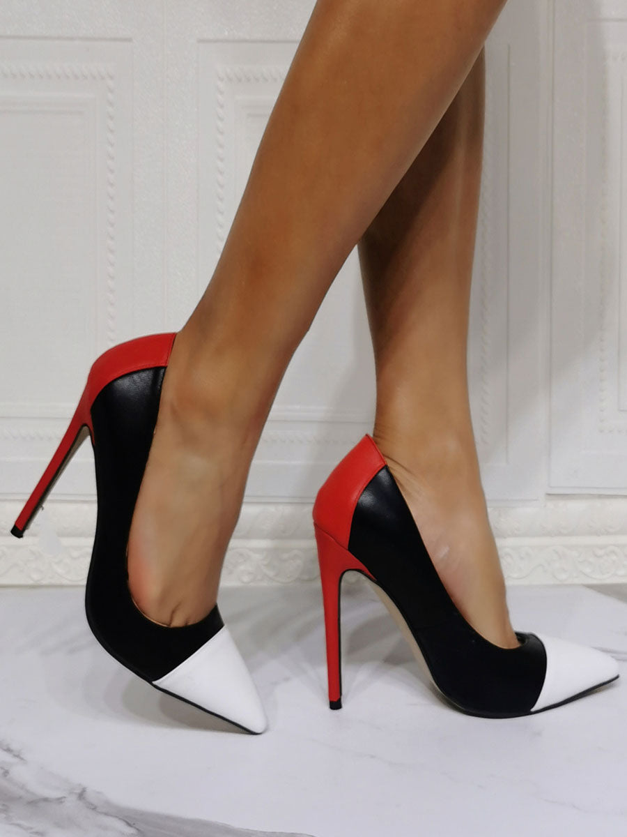 black pointed toe stiletto contrast panel court shoes — view 2