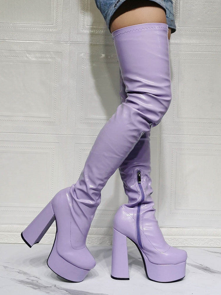 Lilac Platform Block Heel Over-The-Knee Boots — view 9