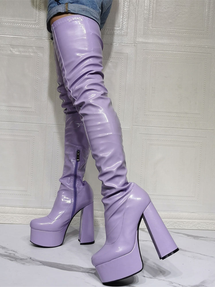 lilac platform block heel over the knee boots — view 7