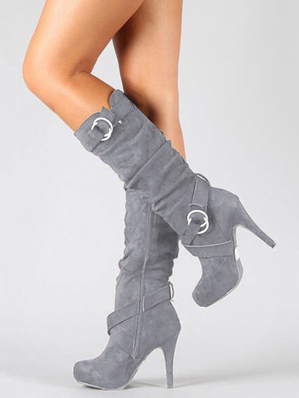 Grey Stiletto Buckle Knee-High Boots — view 2