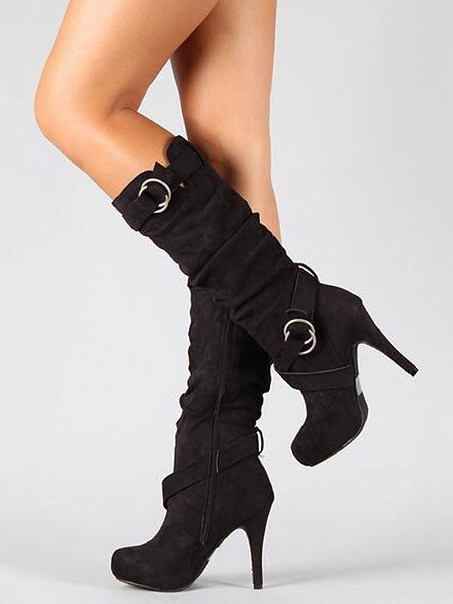 Grey Stiletto Buckle Knee-High Boots — view 1
