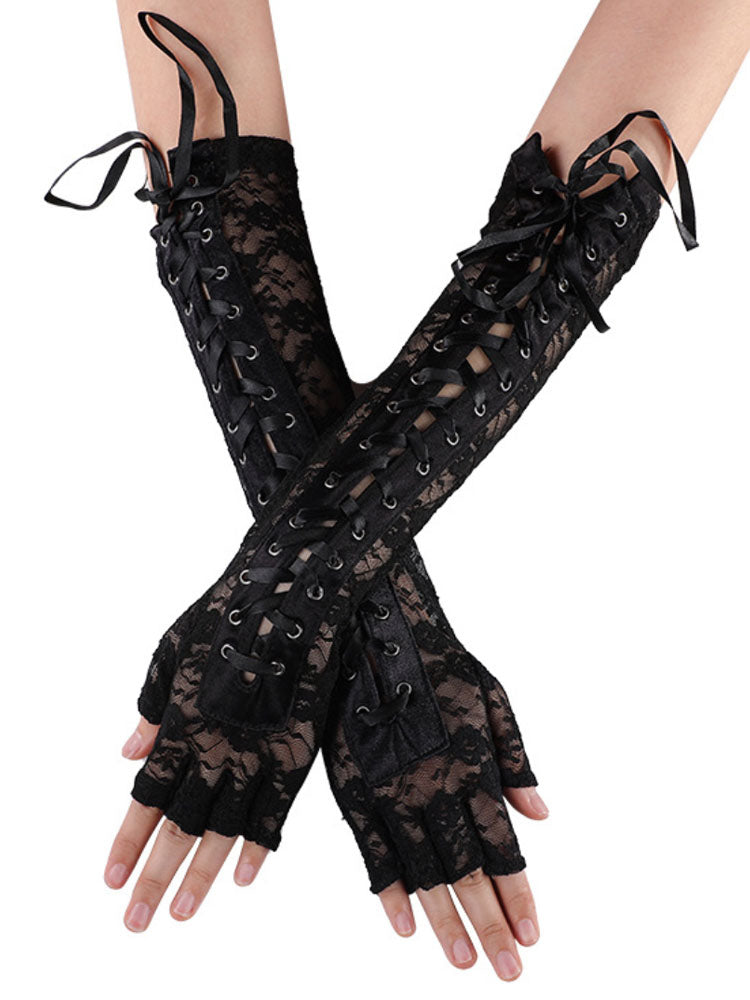 purple lace up lace longline gloves — view 2