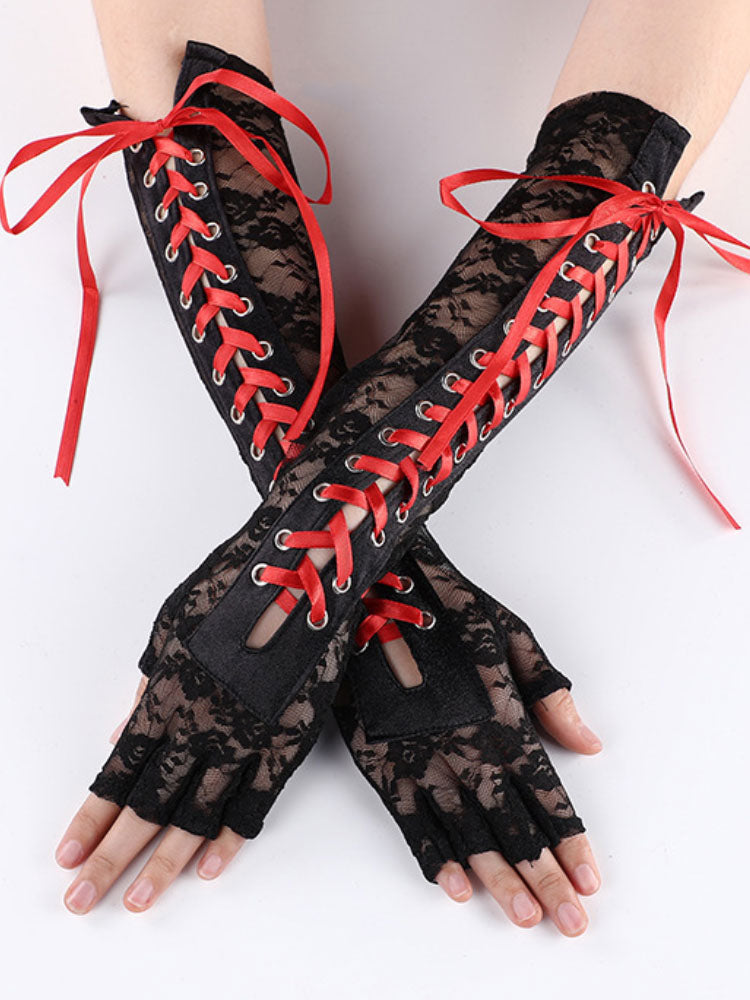 purple lace up lace longline gloves — view 4