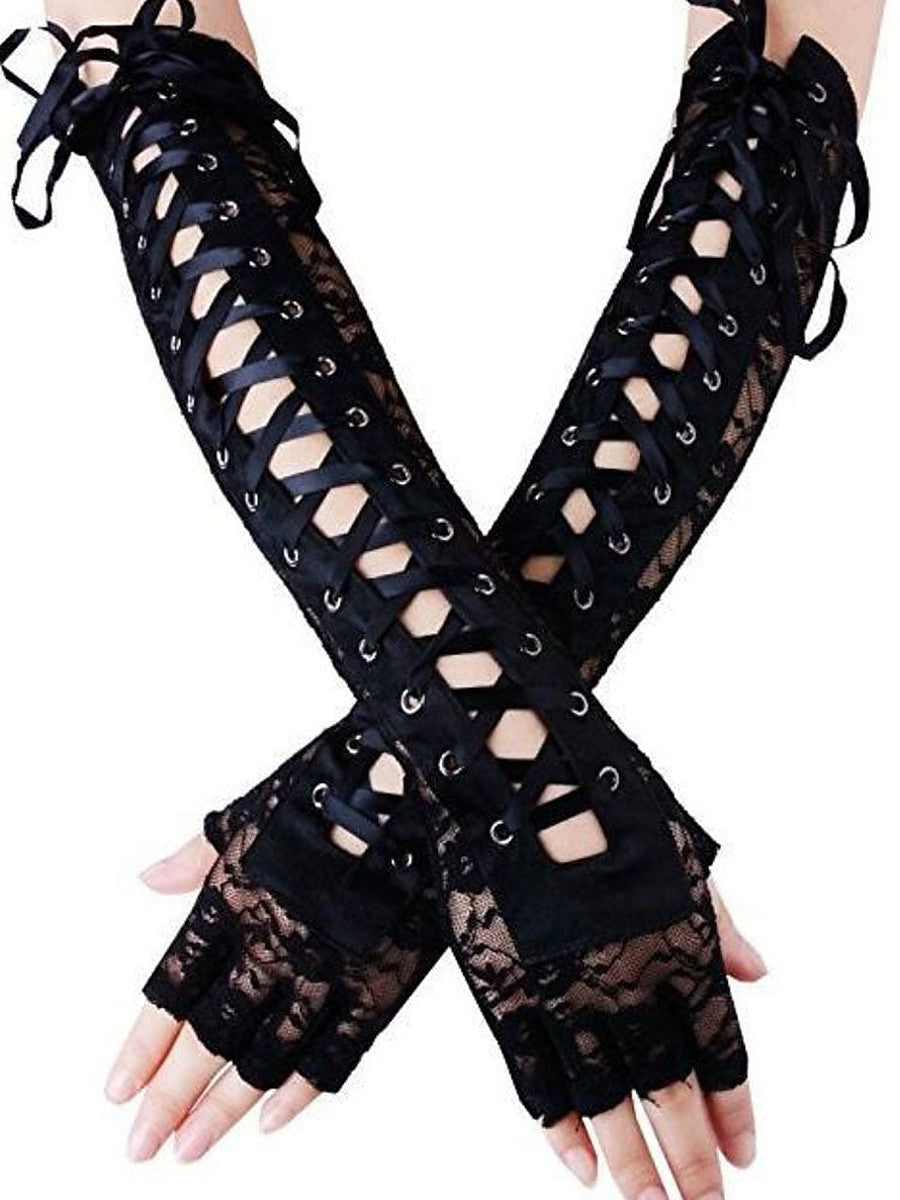 Purple Lace-Up Lace Longline Gloves — view 1