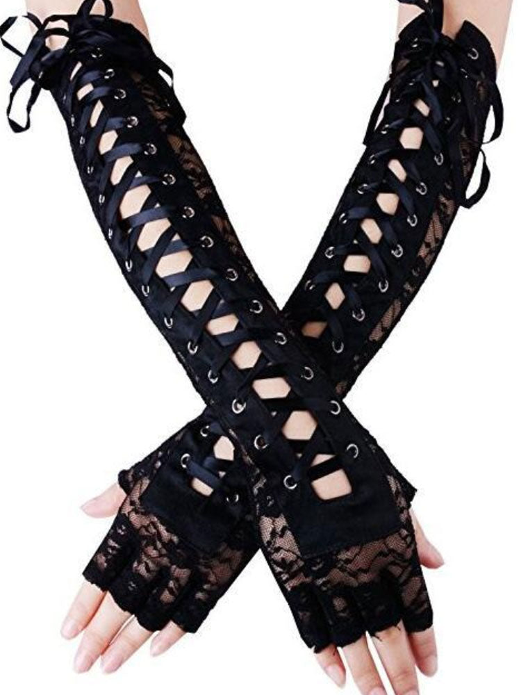 purple lace up lace longline gloves — view 1