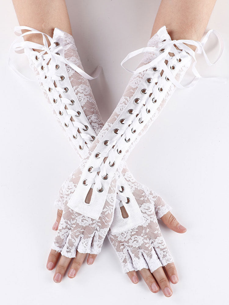 purple lace up lace longline gloves — view 3