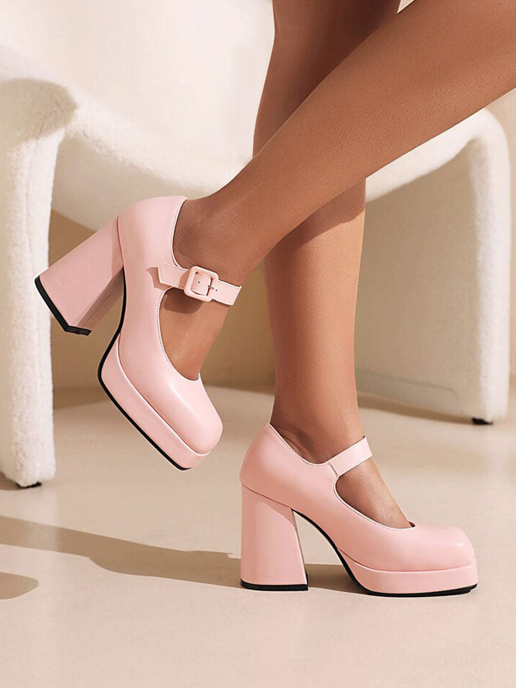 pink platform block heel court shoes — view 6