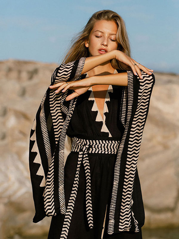 black long sleeve contrast panel beach cover up — view 3