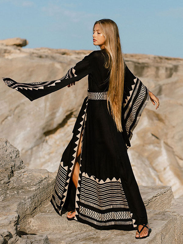 black long sleeve contrast panel beach cover up — view 2