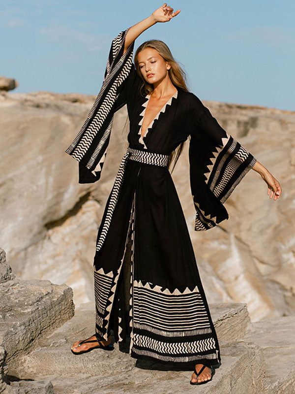 Black Long-Sleeve Contrast Panel Beach Cover-Up — view 4