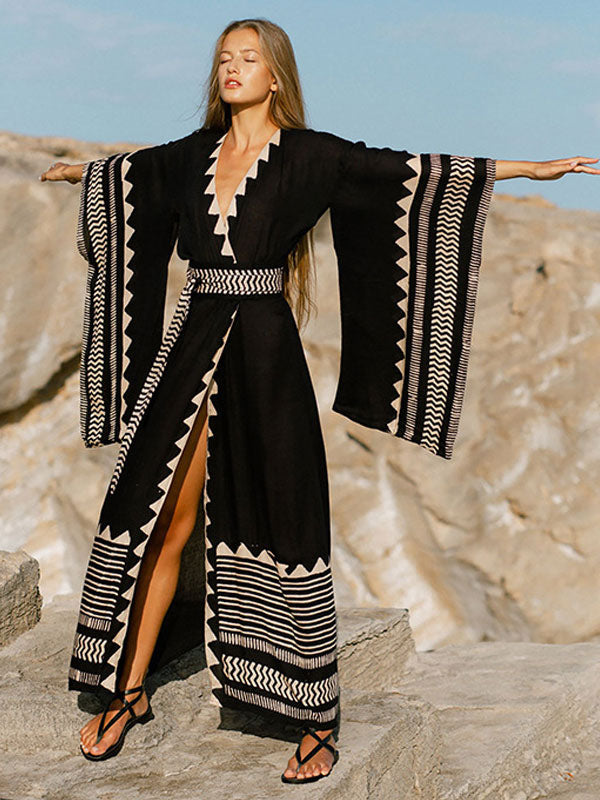 black long sleeve contrast panel beach cover up — view 1