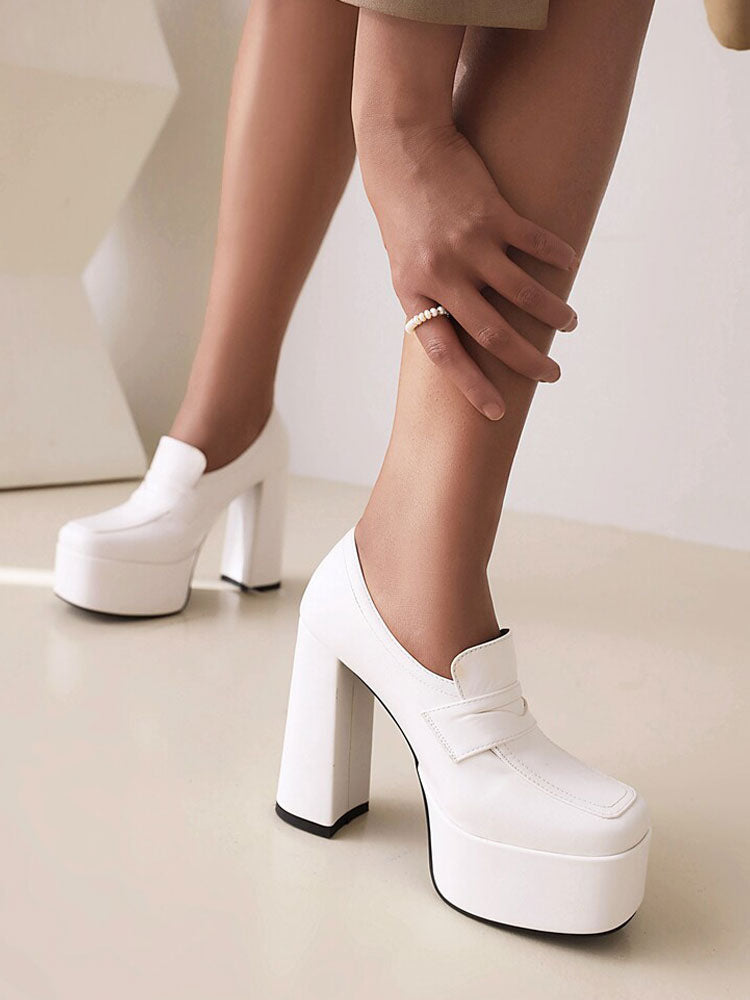 pink round toe platform block heel loafers — view 9