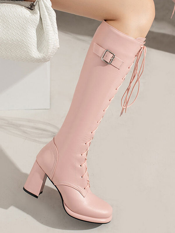 Pink Platform Block Heel Boots — view 8