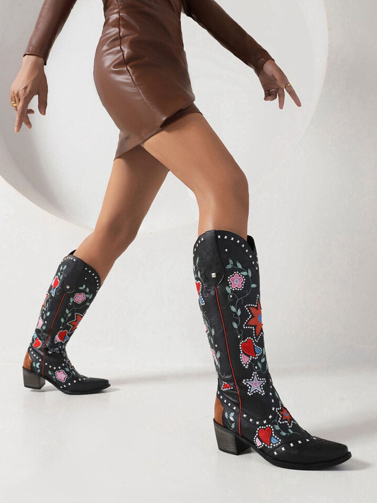 black pointed toe block heel mid calf boots — view 9