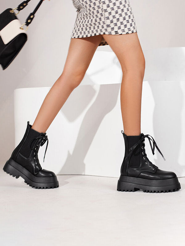 black round toe platform block heel ankle boots — view 2