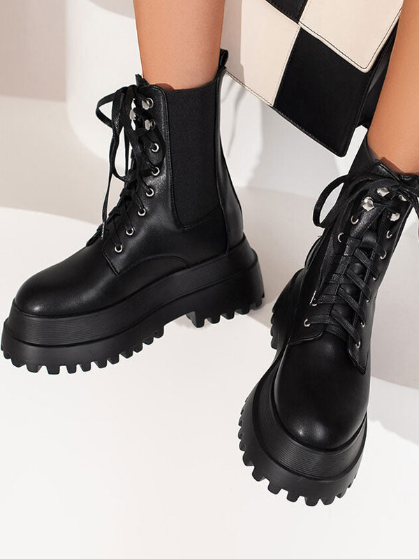 black round toe platform block heel ankle boots — view 5