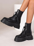 Black Round-Toe Platform Block Heel Ankle Boots — view 1