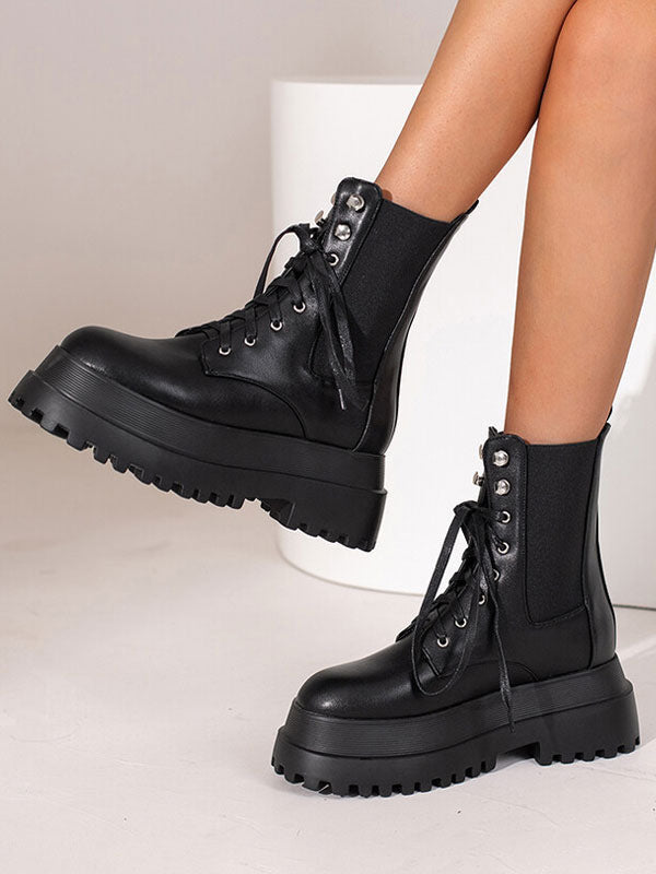 black round toe platform block heel ankle boots — view 1