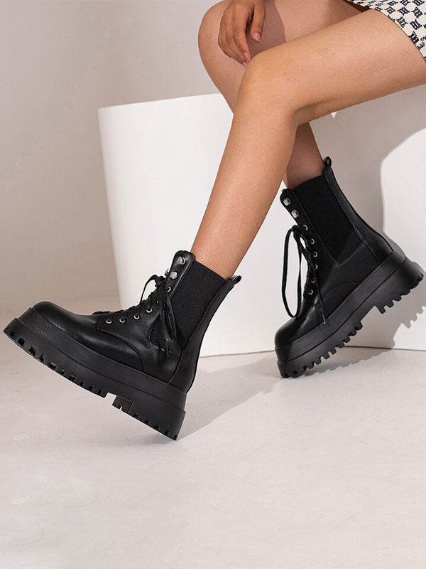 black round toe platform block heel ankle boots — view 4