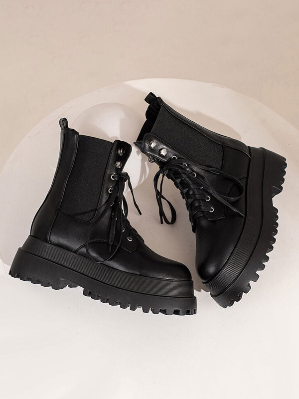 black round toe platform block heel ankle boots — view 3