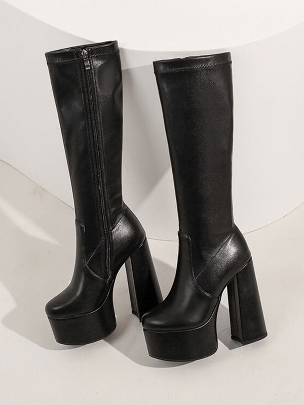 Camel Platform Block Heel Knee-High Boots — view 10