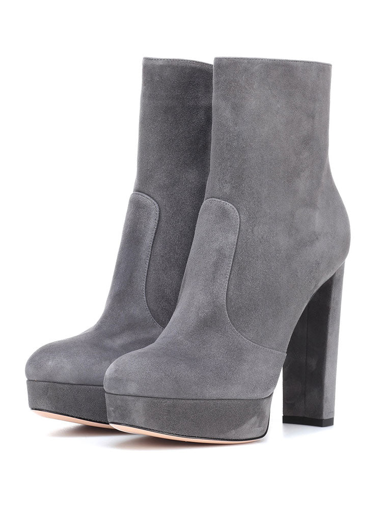 grey round toe platform block heel ankle boots — view 8