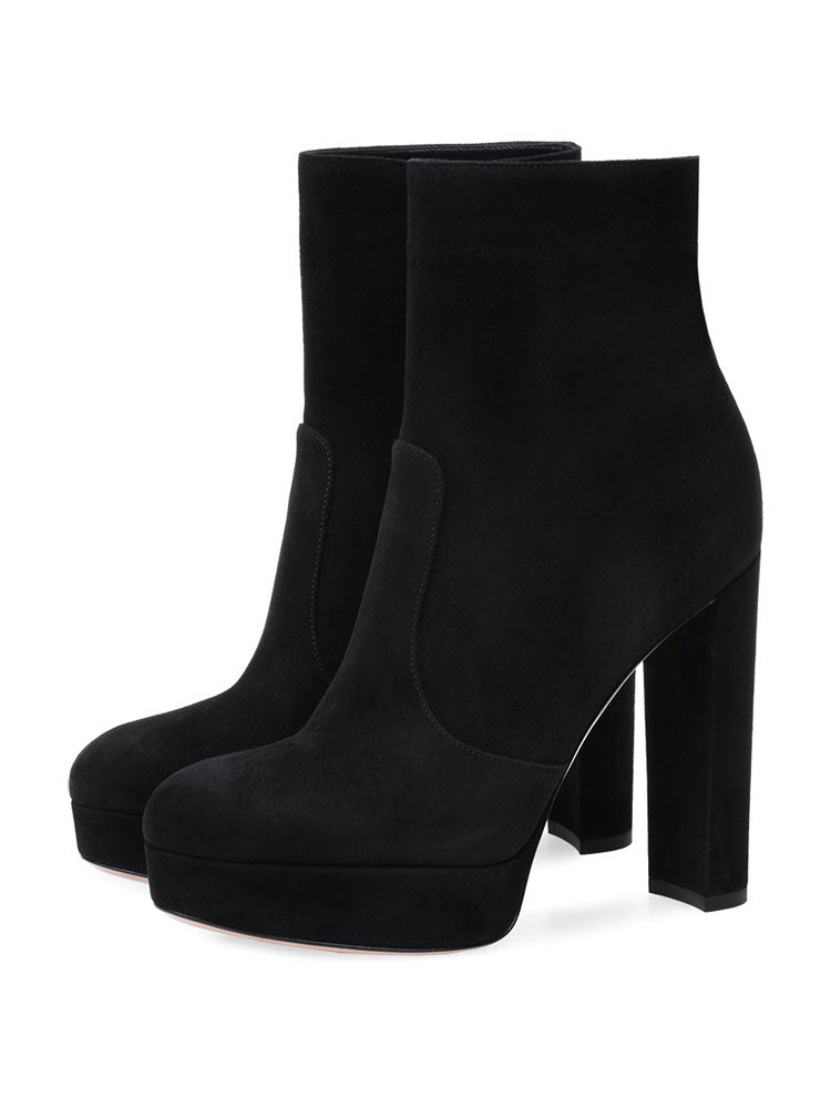 grey round toe platform block heel ankle boots — view 4