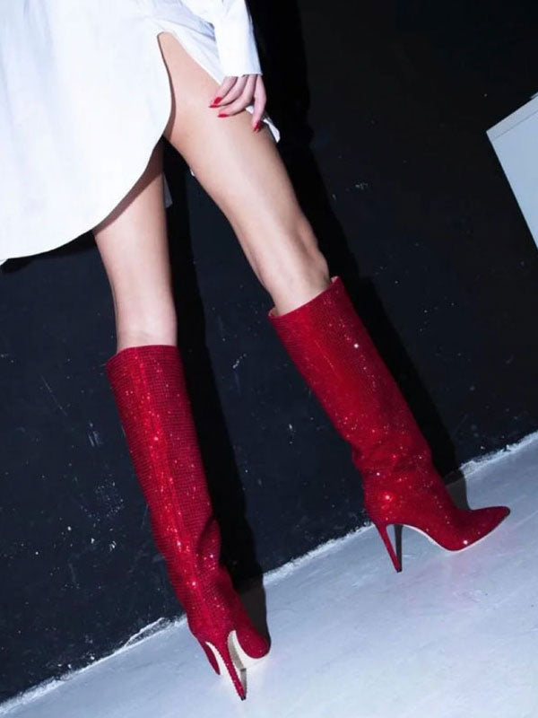 purple pointed toe stiletto embellished knee high boots — view 6