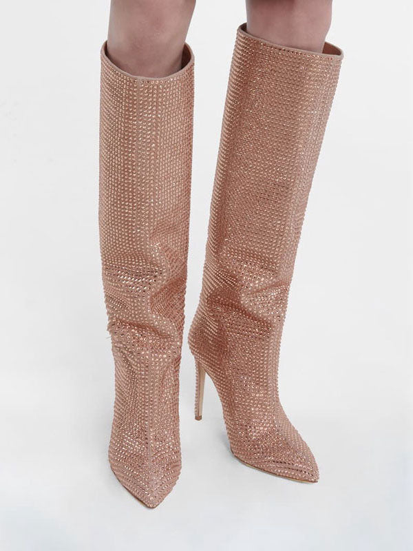 purple pointed toe stiletto embellished knee high boots — view 8