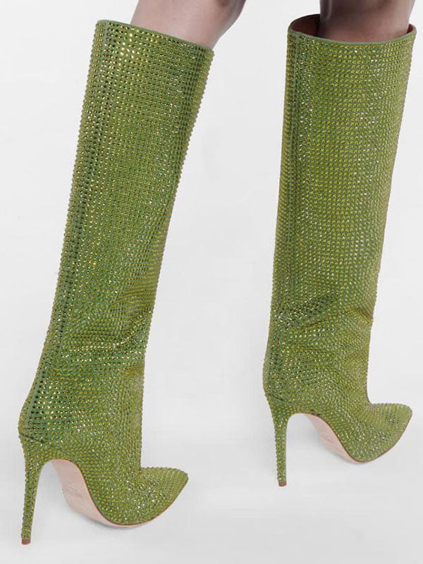 purple pointed toe stiletto embellished knee high boots — view 7