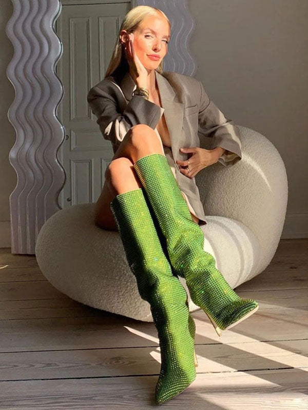 purple pointed toe stiletto embellished knee high boots — view 9
