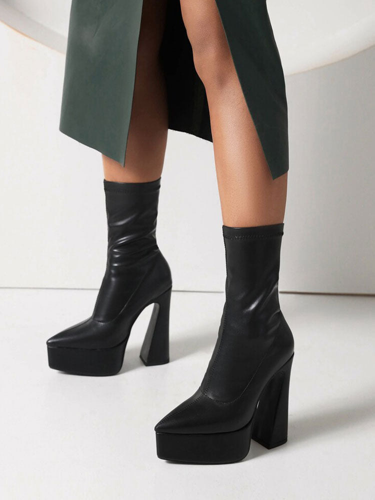 black pointed toe platform block heel ankle boots — view 2