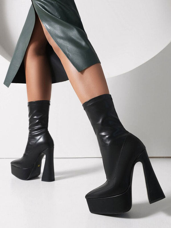 Black Pointed-Toe Platform Block Heel Ankle Boots — view 3