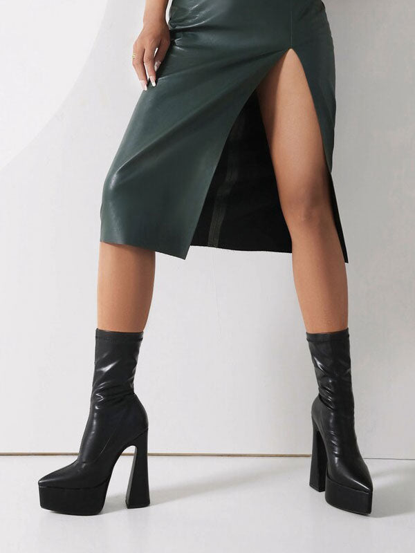 Black Pointed-Toe Platform Block Heel Ankle Boots — view 6
