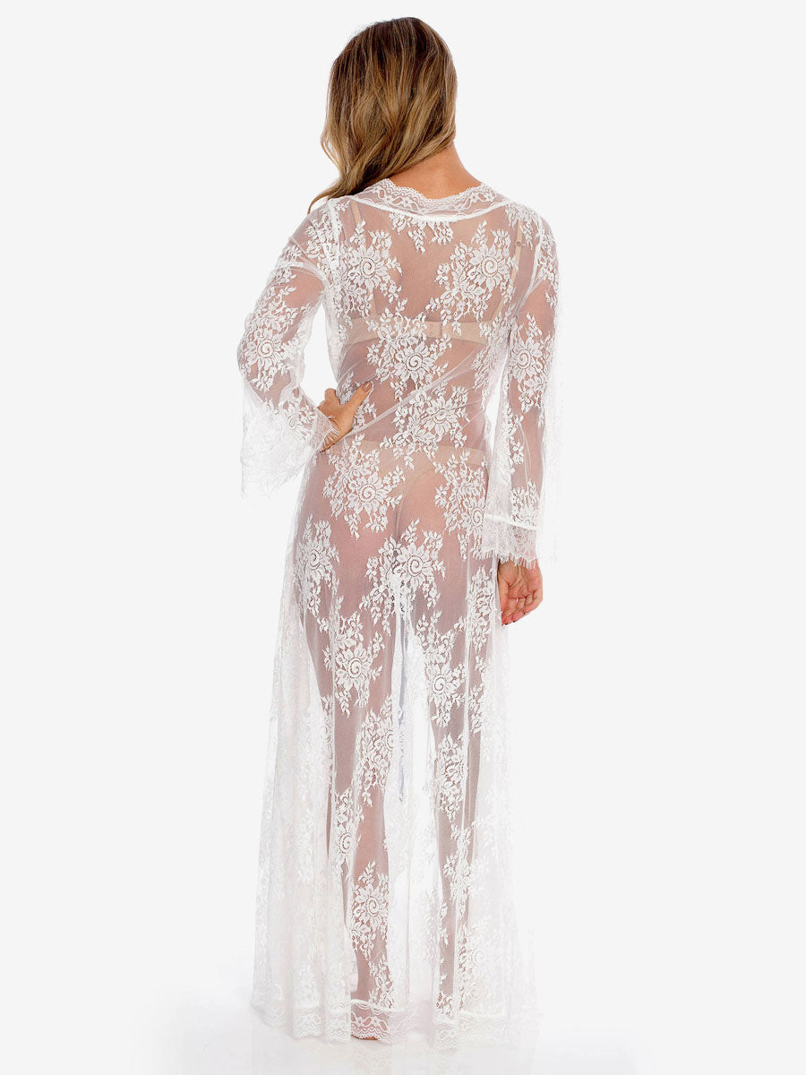 black long sleeve lace longline beach cover up — view 4
