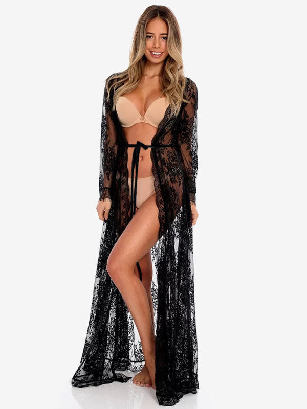 black long sleeve lace longline beach cover up — view 8