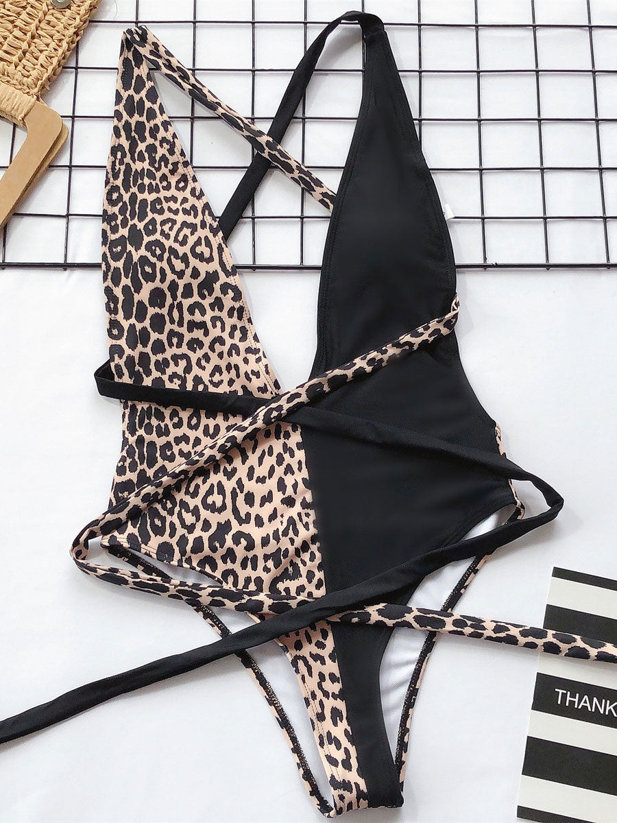 Rose V-Neck Ruffle Leopard Print Swimsuit — view 4